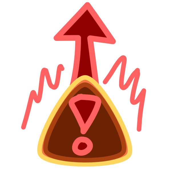 A brown warning sign with emphasis lines above it has a red arrow pointing up from it. The image has light line art
